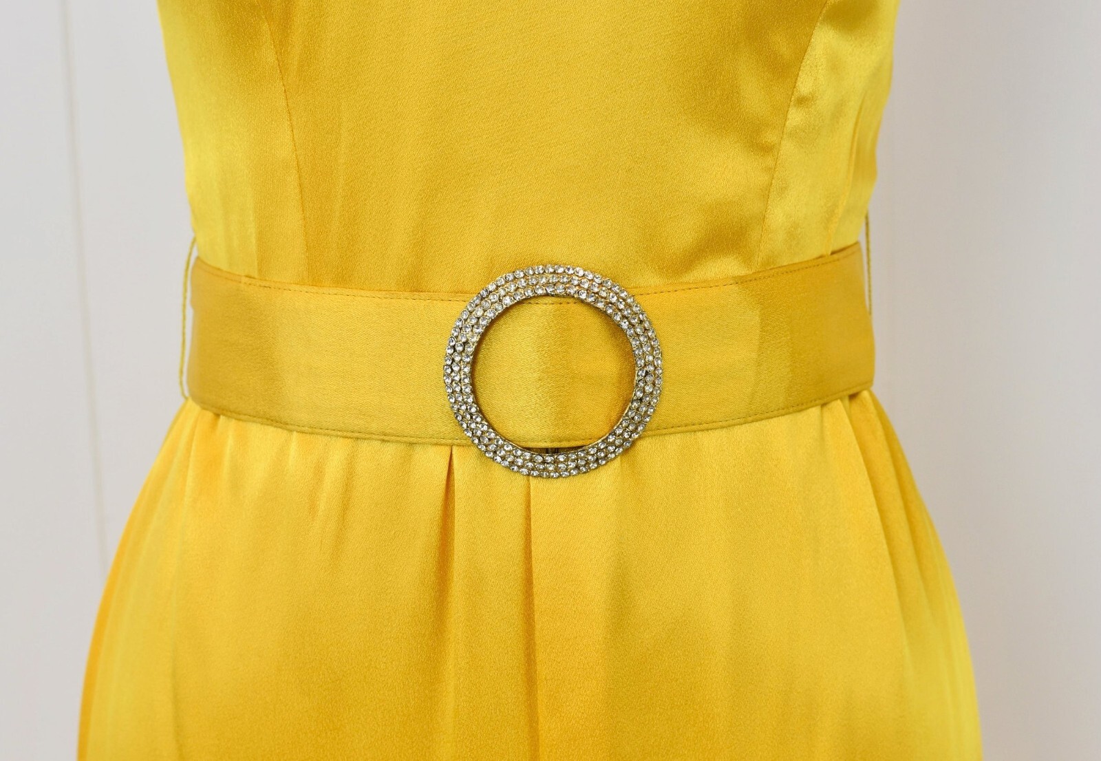 Vintage 1970s Oscar de la Renta Yellow Bow Rhinestone Belt Party Dress Gown