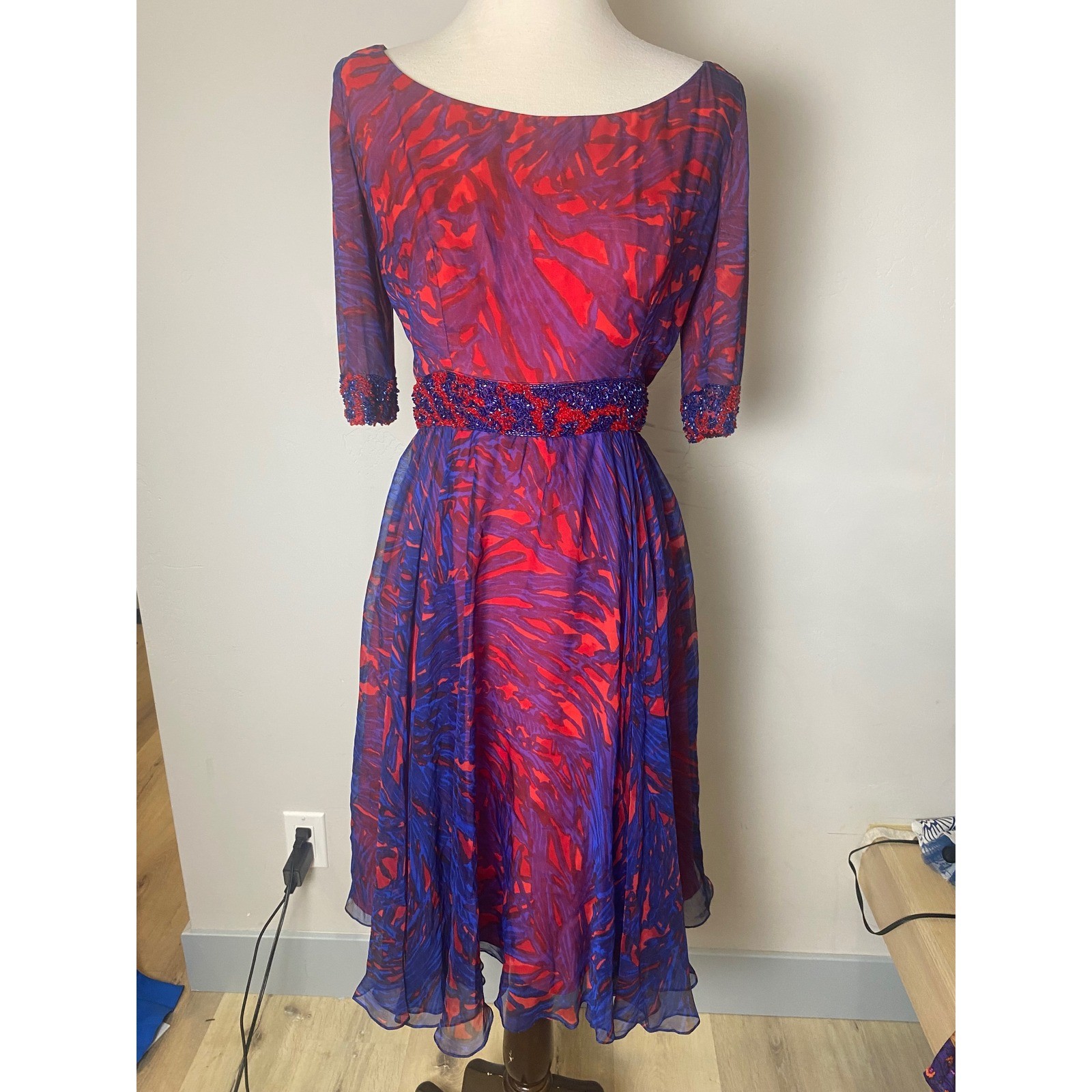 Vintage 60’s Silk Chiffon Beaded Dress Blue Red Abstract Print Cocktail S