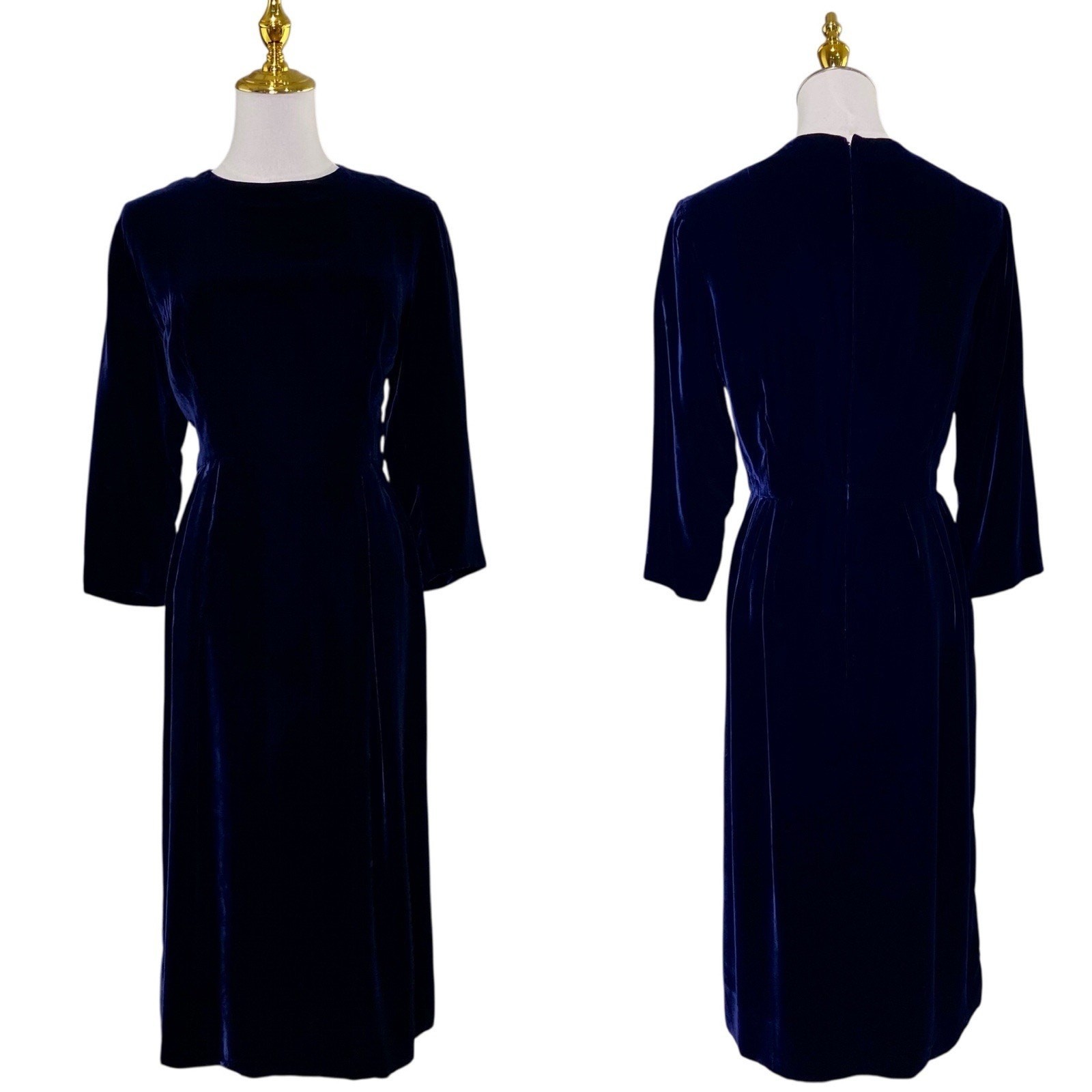 Vintage 50s MEITETSU Dark Navy Blue Velvet Wiggle Pencil Dress Women’s Size M