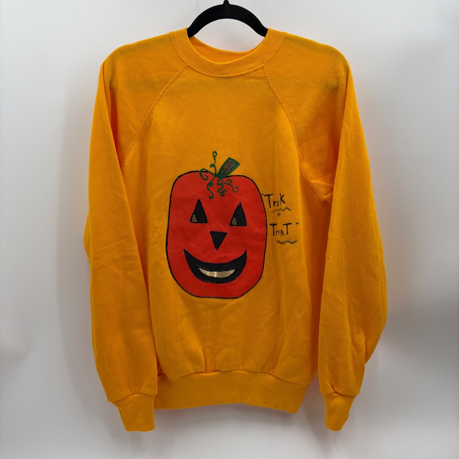 Vintage Tultex Halloween Sweatshirt Pumpkin Trick or Treat Gold Crew Neck Medium