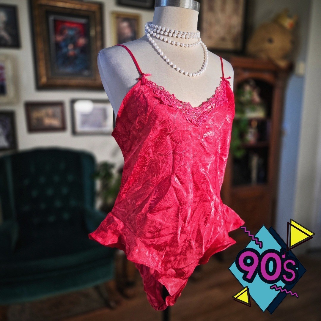 Vintage 90s Morgan Taylor Red Floral Pink Lace Trim Ruffle Hem Lingerie Bodysuit