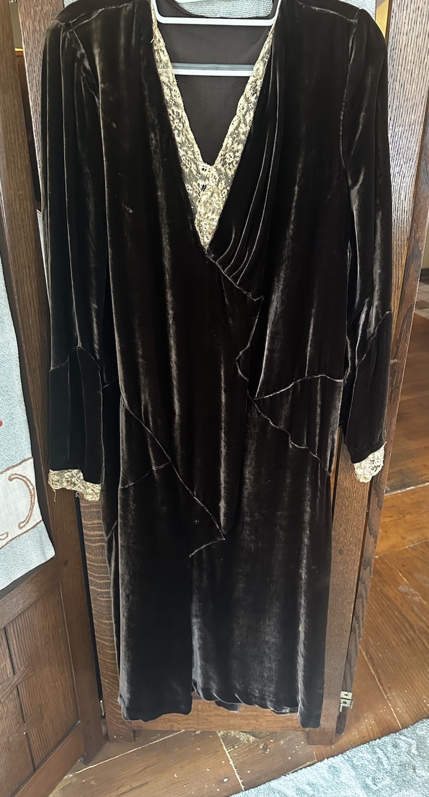 1920s Brown Silk Velvet Drop Waist Flapper Dress With Uneven Hem