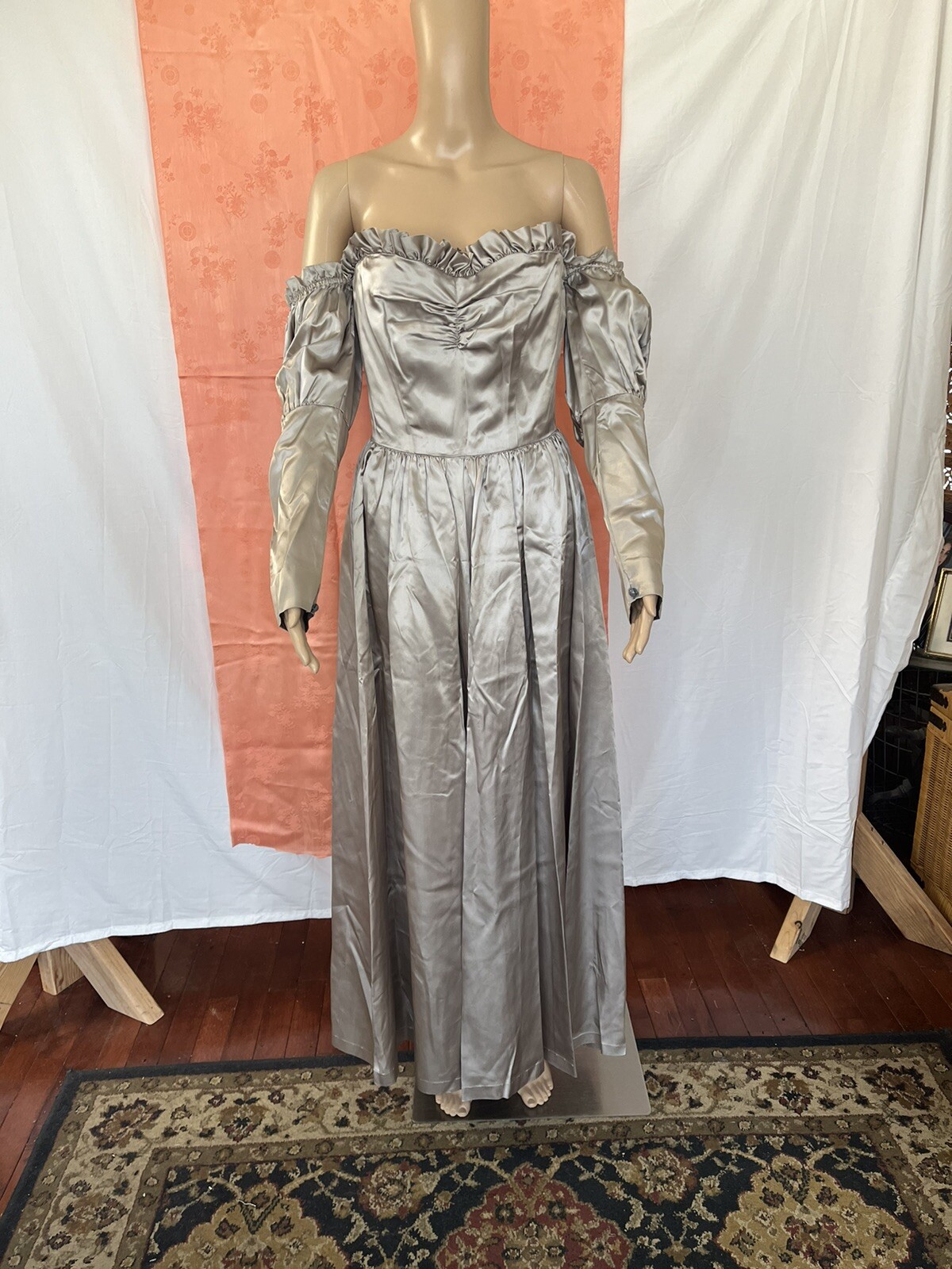 Vintage Imperial Satin Victorian gown off shoulders Small