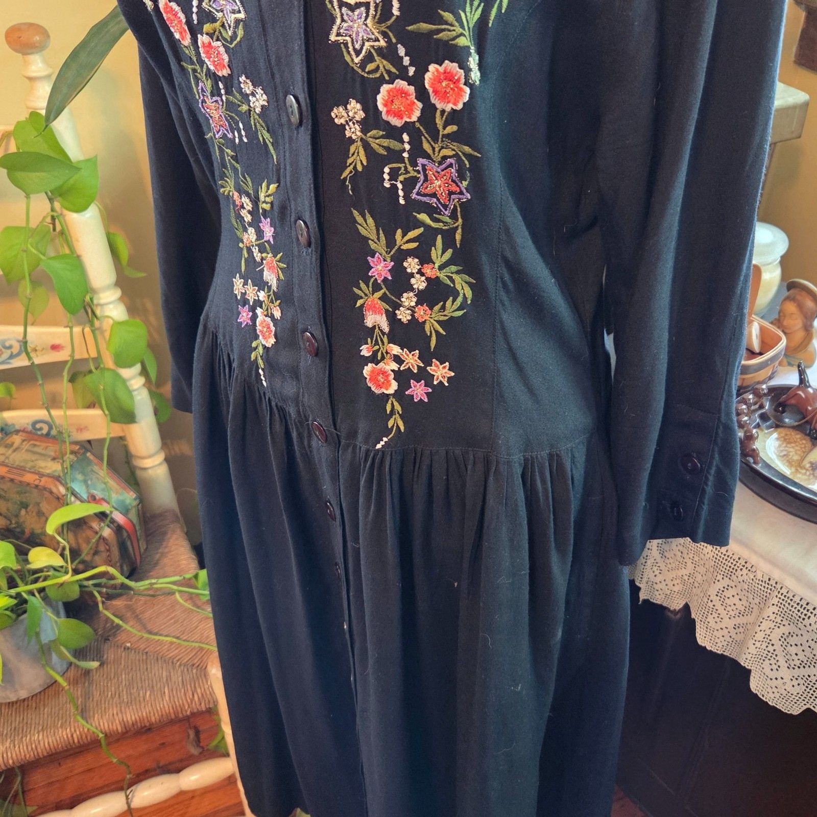 Vintage 90s Passports Pier 1 Imports Cottagecore Embroidered Dress Black Medium