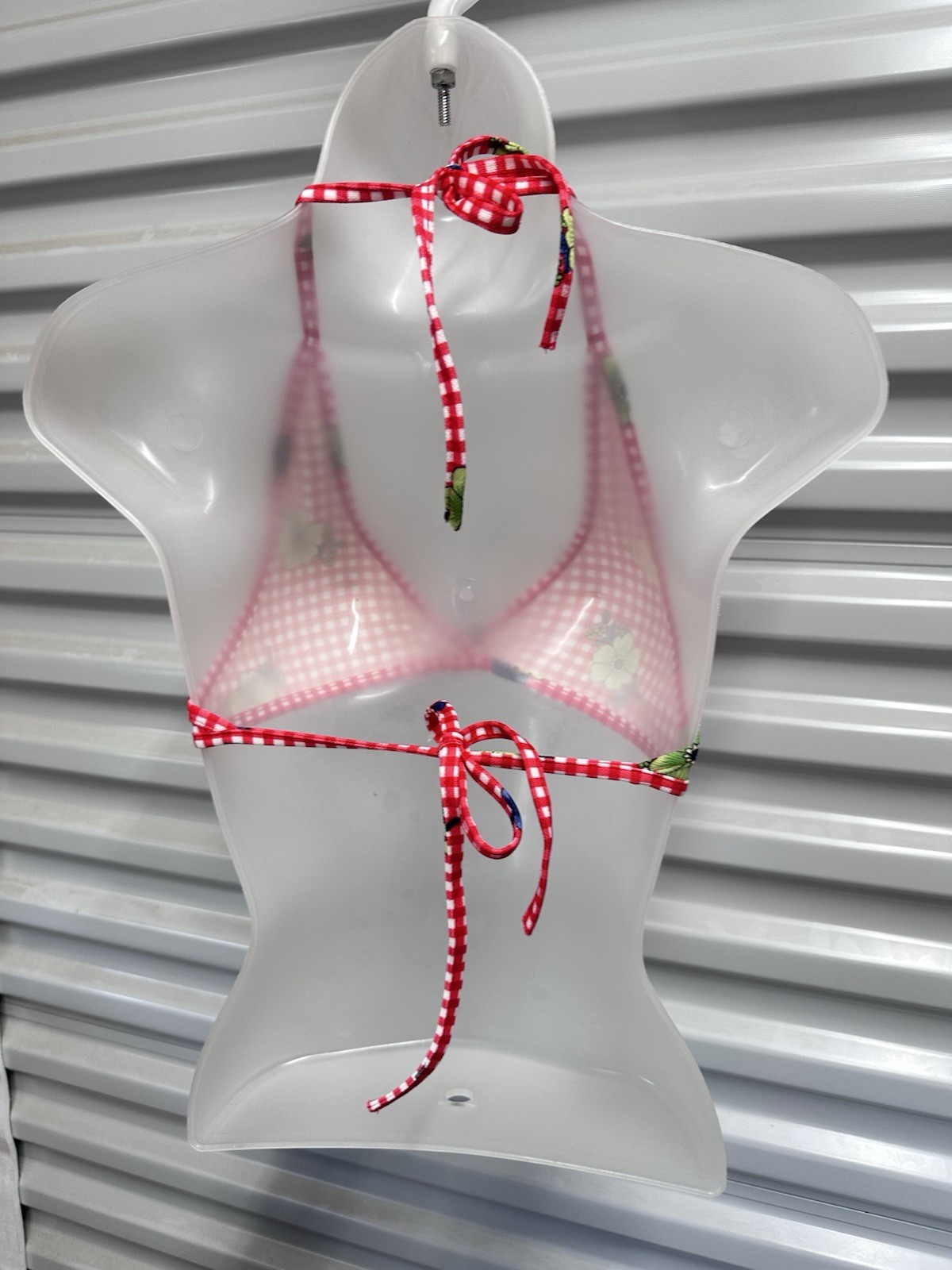 True Vintage 1970s String Bikini Halter Top Red White Gingham Floral XS – S – M