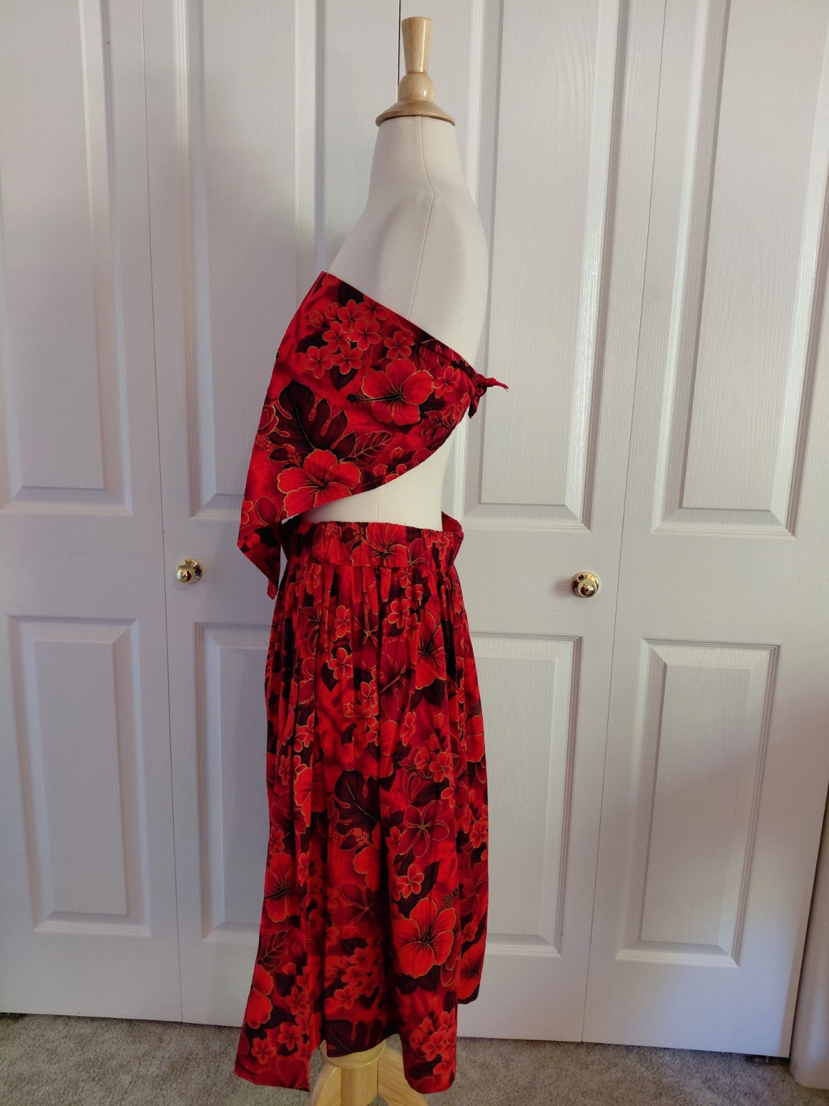Vintage 1970s Hawaiian Red Floral Handkerchief Top And Skirt Set Medium