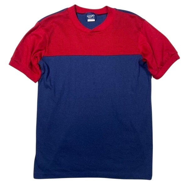 Vintage Colorblock Shirt Red Navy Blue Short Sleeve 70s 80s Retro *READ
