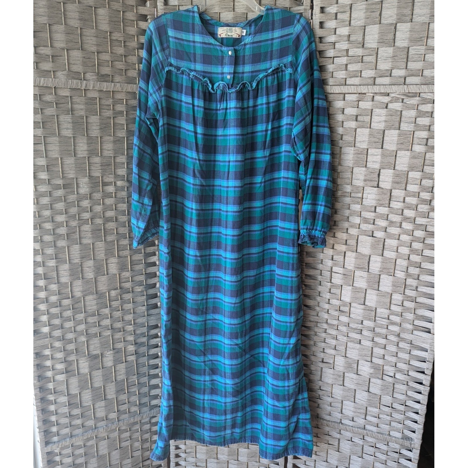 Vtg 90s Orvis Nightgown Blue Teal Plaid Flannel 100% Cotton Sz M Cottagecore