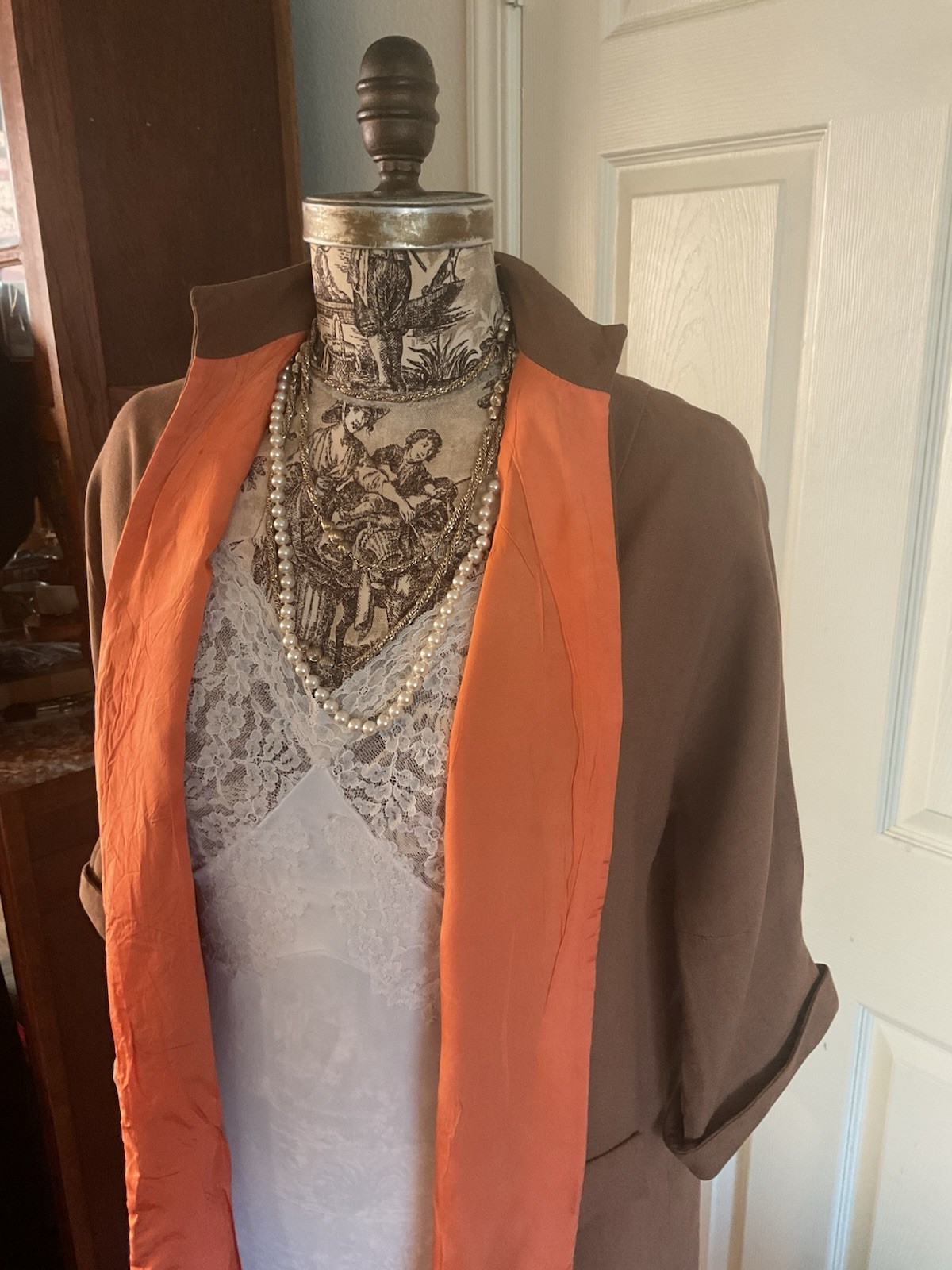Vintage 1950 FALL AUTUMN DUSTER COAT Brown Linen Orange Lining M
