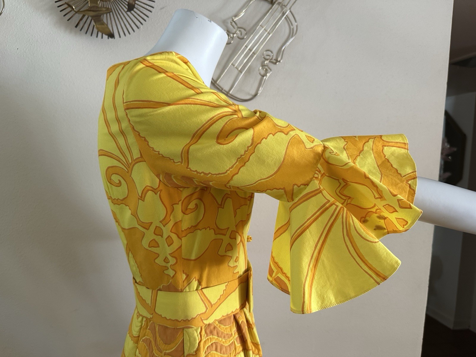 1960s Van Dee Bangkok Quilted Maxi Dress Psychedelic Bell Sleeve Resort Hostess