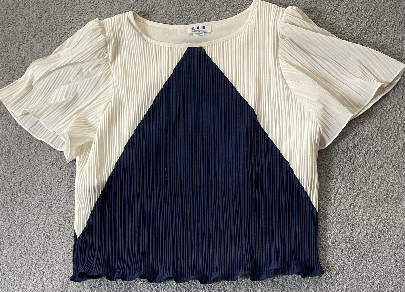 Vtg 70s Pleated Accordion Blouse Sz 16 Navy White Colorblock Career Classic City