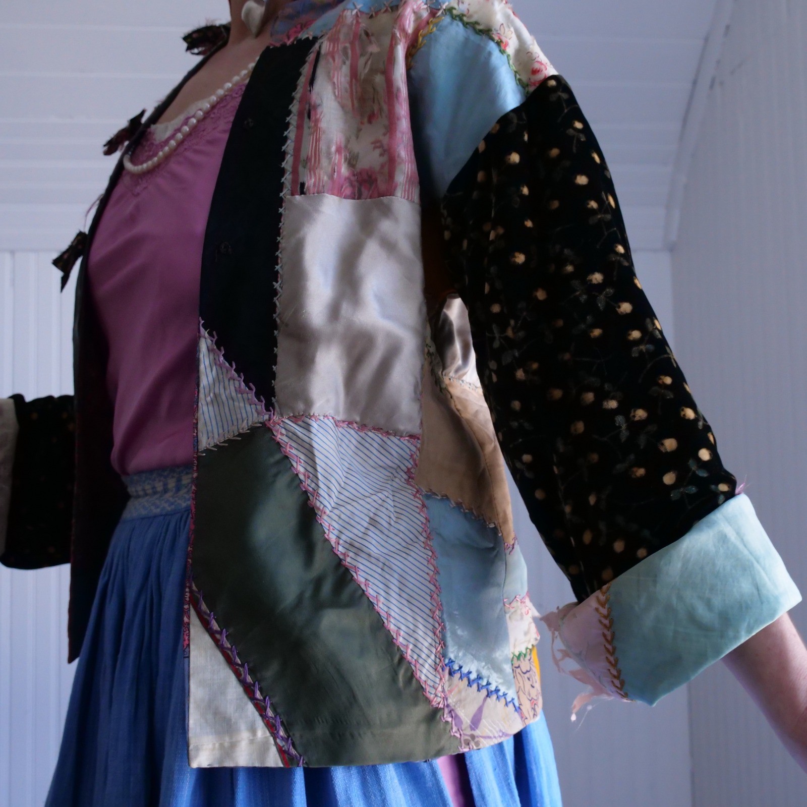 Vintage/antique handmade crazy quilt silk and velvet jacket