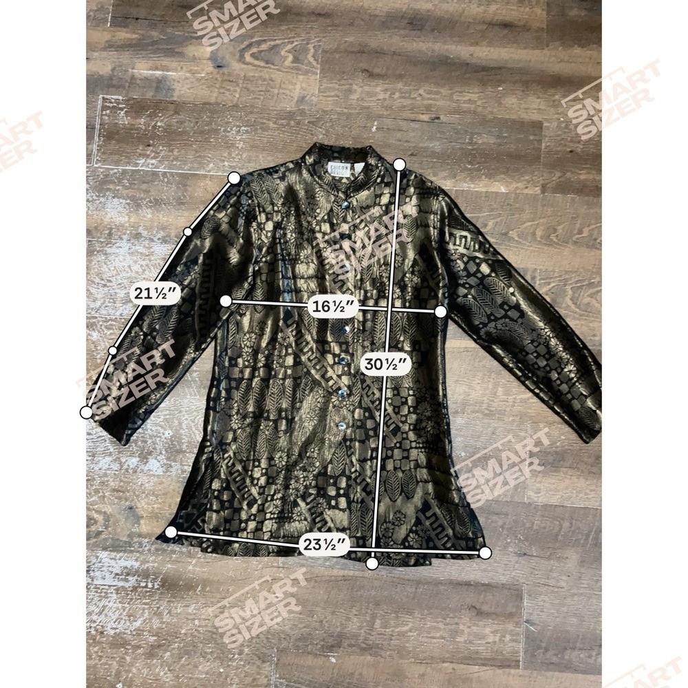 Vintage 90’s Chico’s Black and Metallic Gold Button-Up Tunic Size 0 Leaves