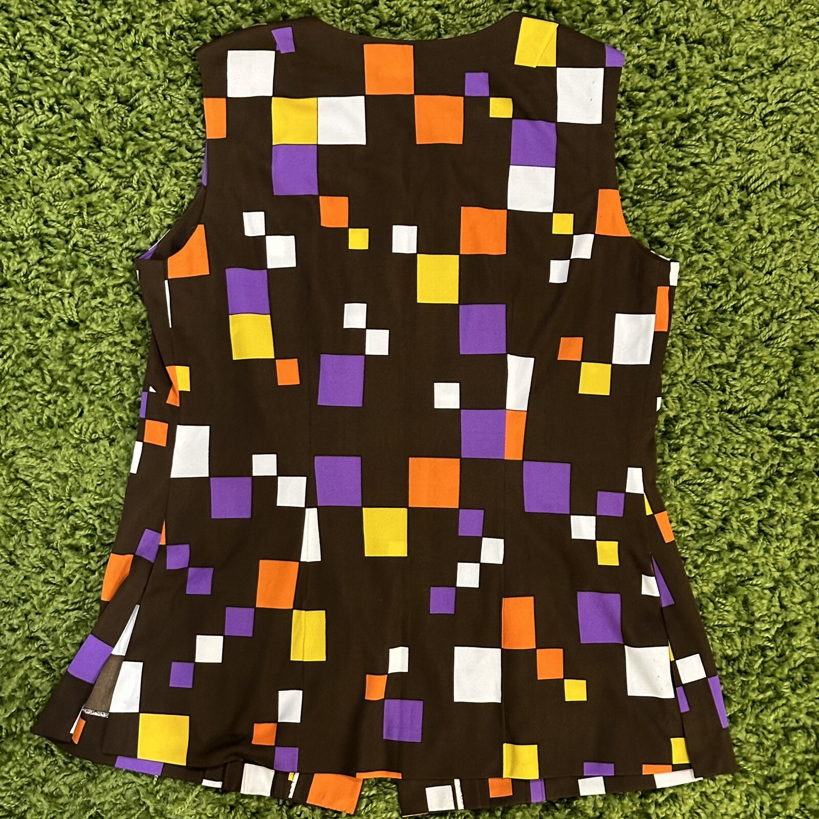 vintage 60s 70s brown, purple, orange, yellow & white button up tank top blouse