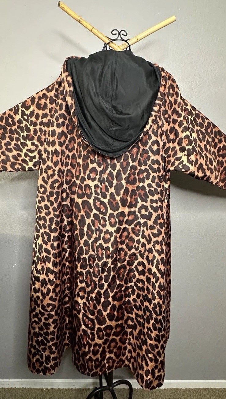 1950s Reversible Silk Satin Duster Coat Leopard Print Hooded Pockets