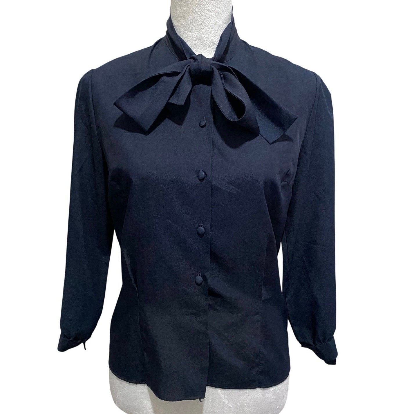 Vintage Navy Blue Fitted Blouse 3/4 Sleeves Pussy Bow 1960-70s Retro Button Down