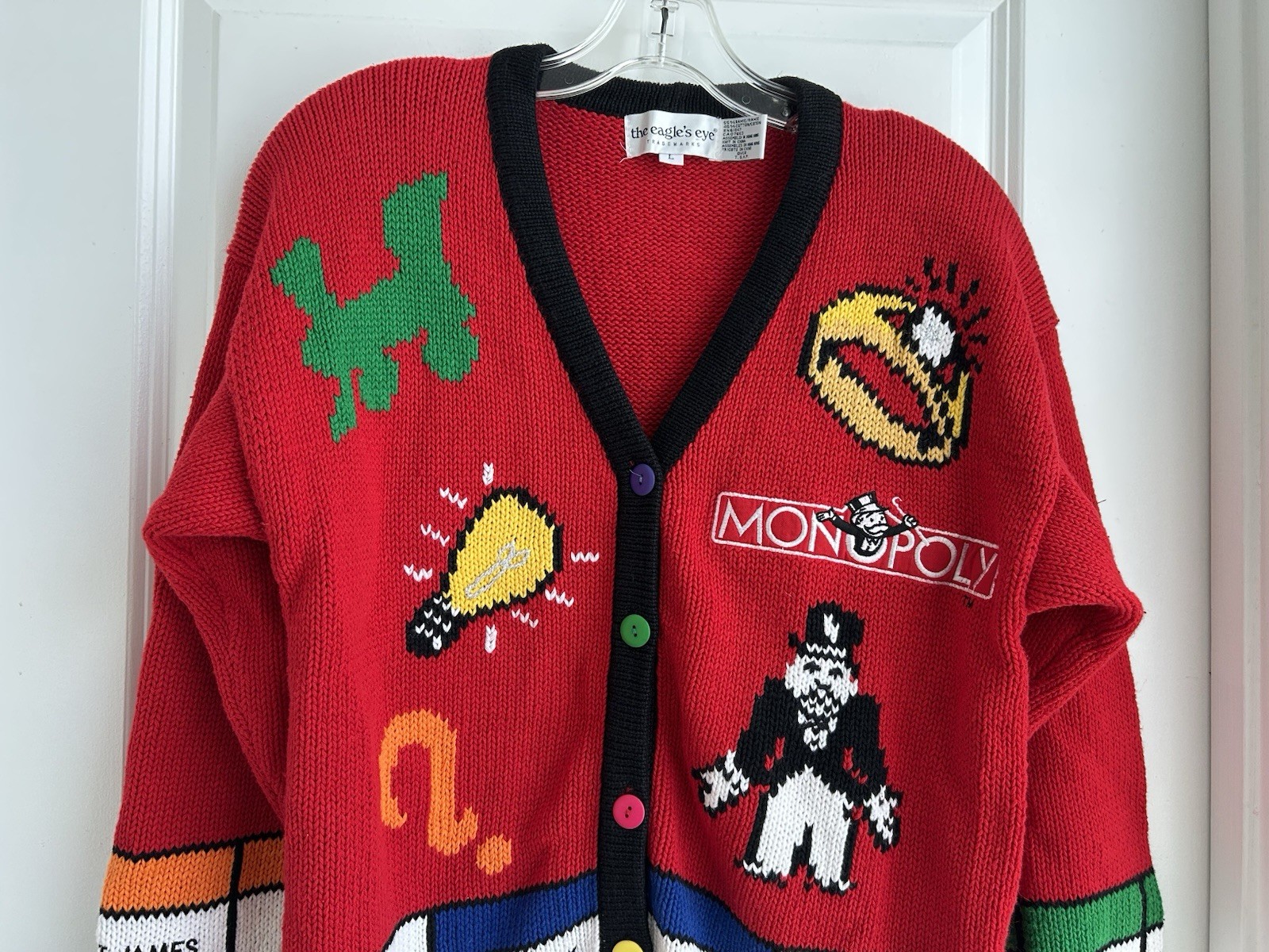 Vtg The Eagle’s Eye MONOPOLY BOARD GAME knit cardigan Women’s Size L RARE