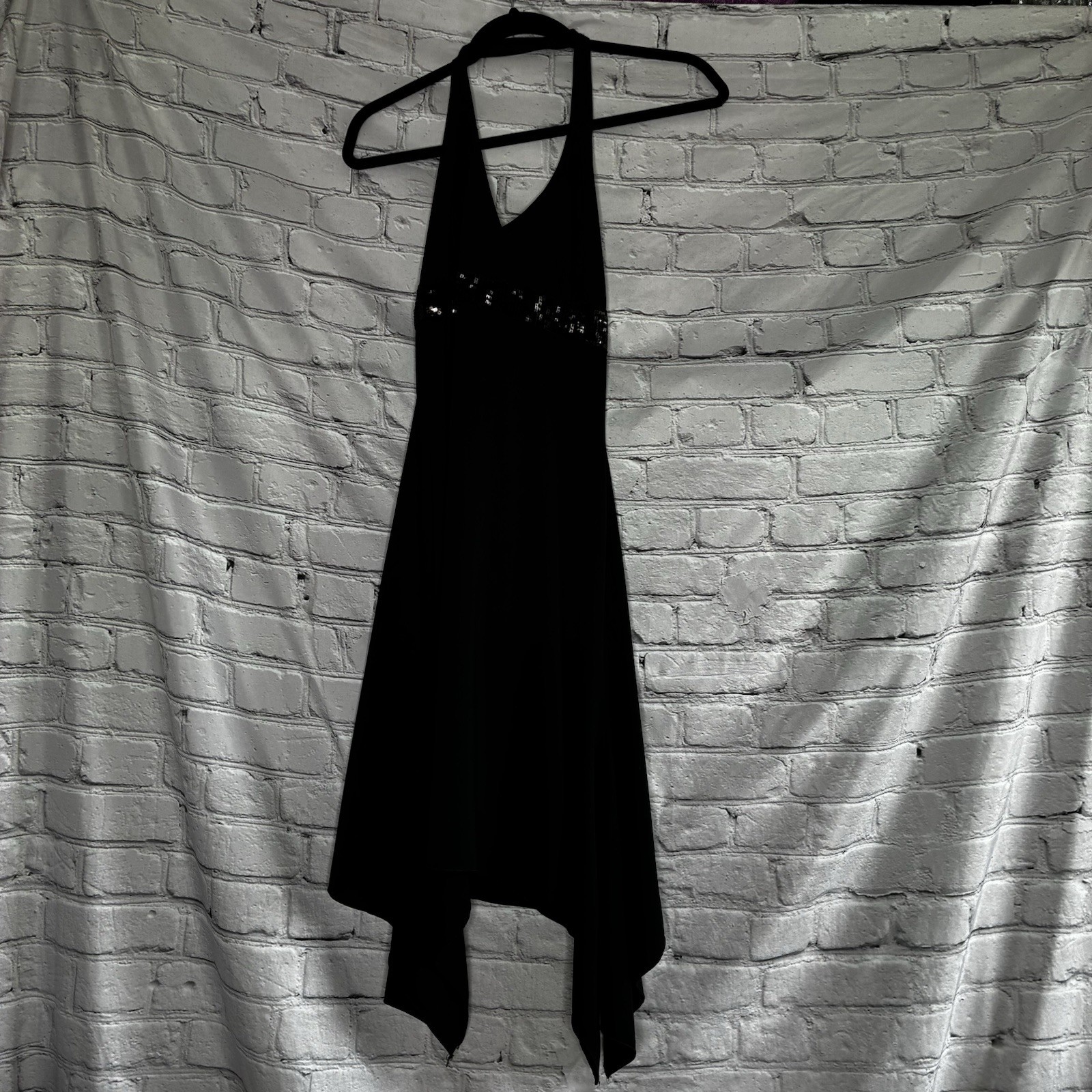VTG Y2K Taboo Formal Black Halter Asymmetrical Hem Dress Sequin Empire Detail M