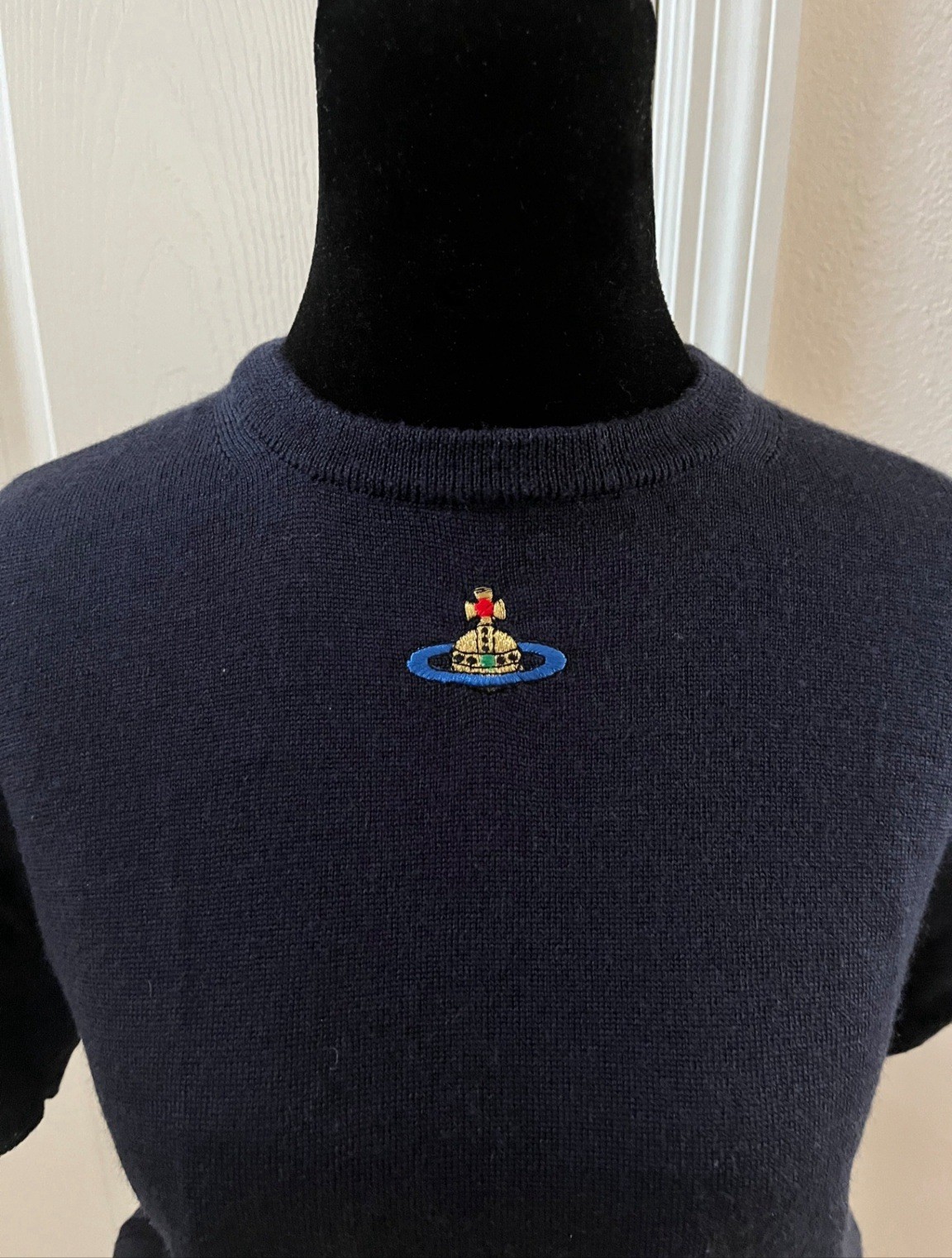 Vintage Vivienne Westwood Dark Navy Wool Knitted Sweater, Short Sleeve, Size L