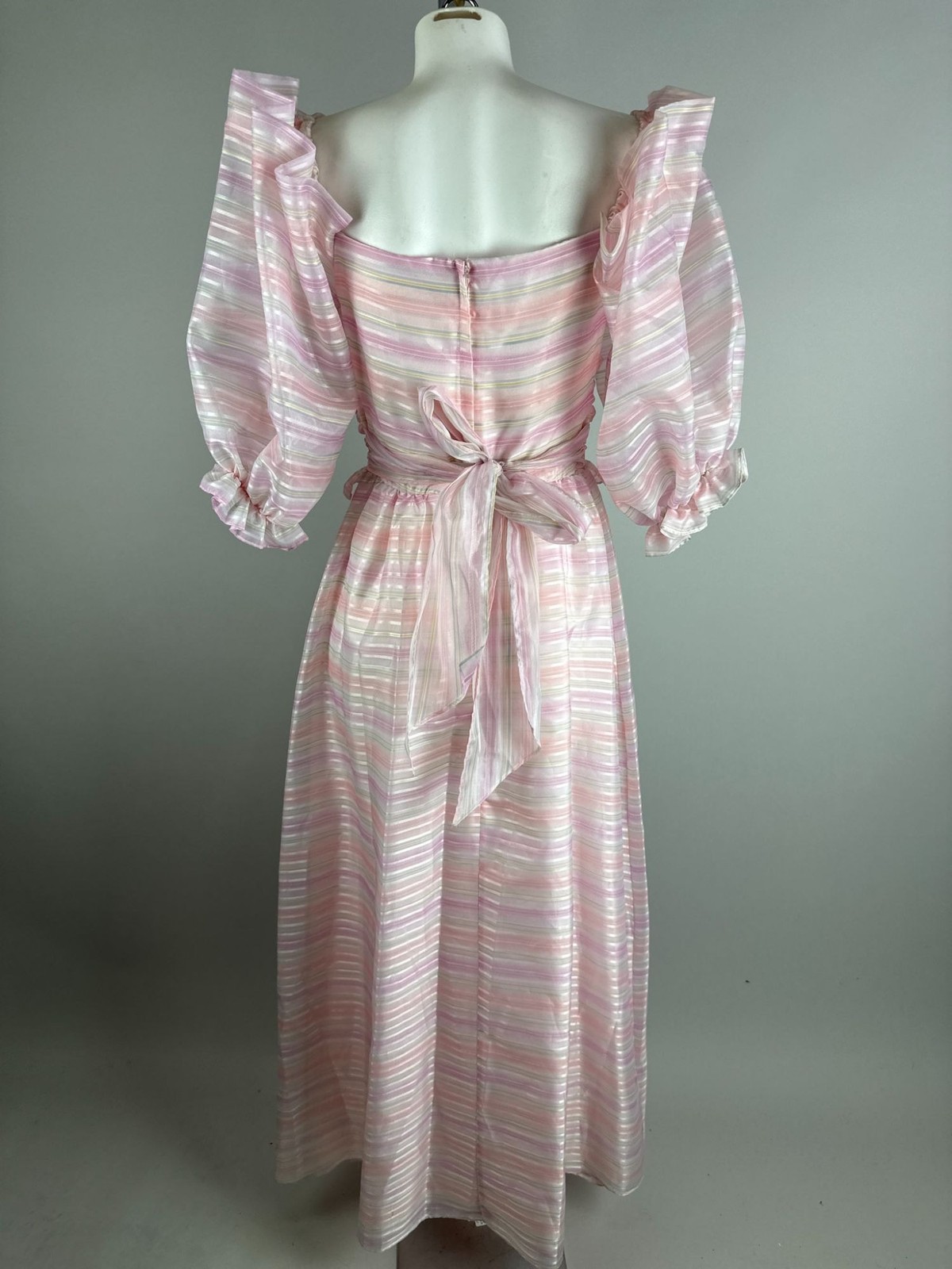 Vtg 80s Cotton Candy Pink Striped Puff Shoulder Party Dress Fairy kawaii 12