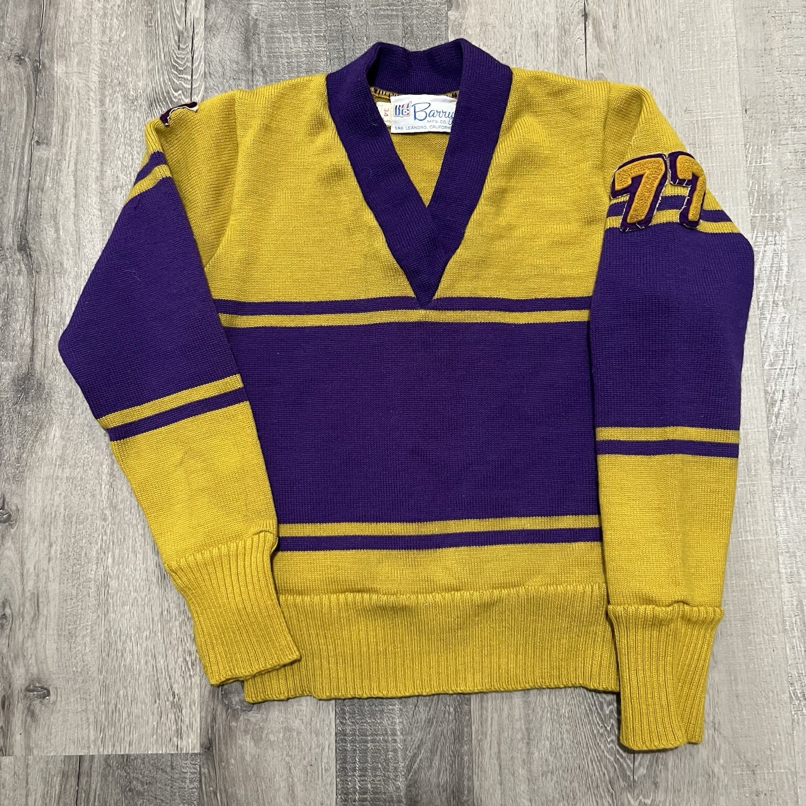 VTG 1977 Purple/Green Varsity Sweater Felt Star Logo Pull Over Striped Wool 70s