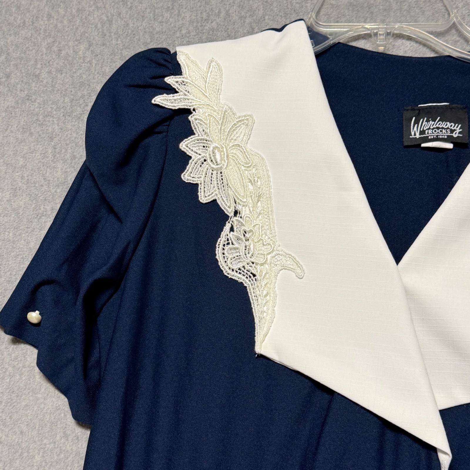 Whirlaway Frocks Vintage Navy Blue Lace Sailor Collar Midi Dress Size 12P USA
