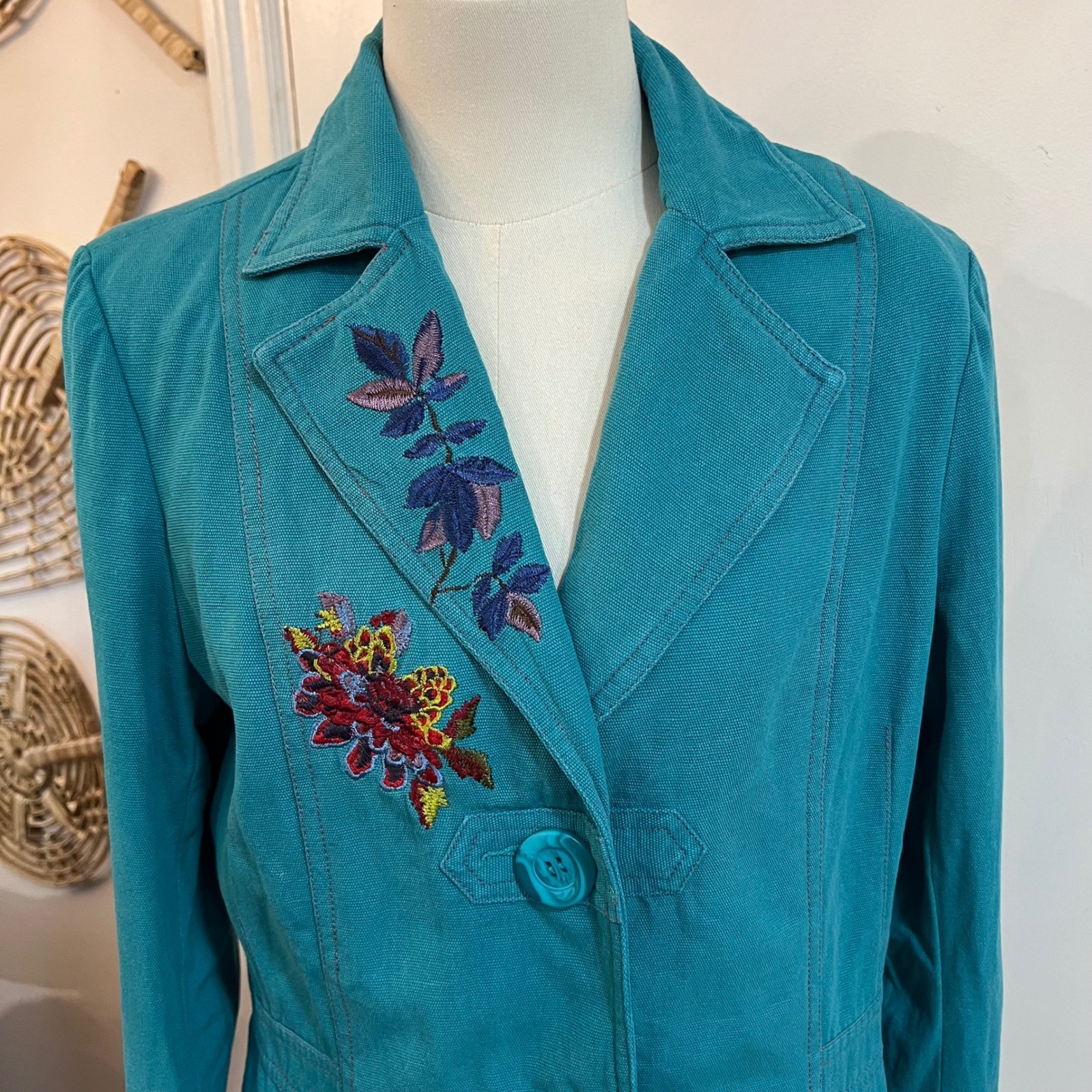 Vintage Tracy Porter Teal Cotton Canvas Floral Embroidered Boho Trench Coat L