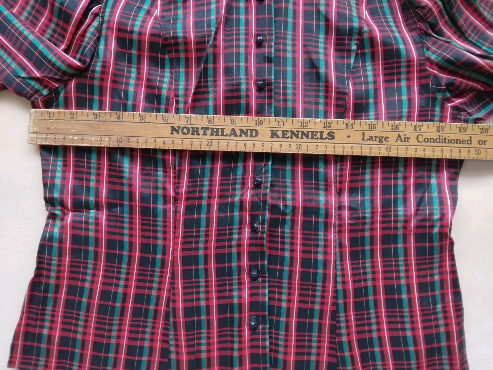 Vintage 1980s Plaid Blouse w/ Balloon Sleeves Black Red & Green Sz 12 Button Up