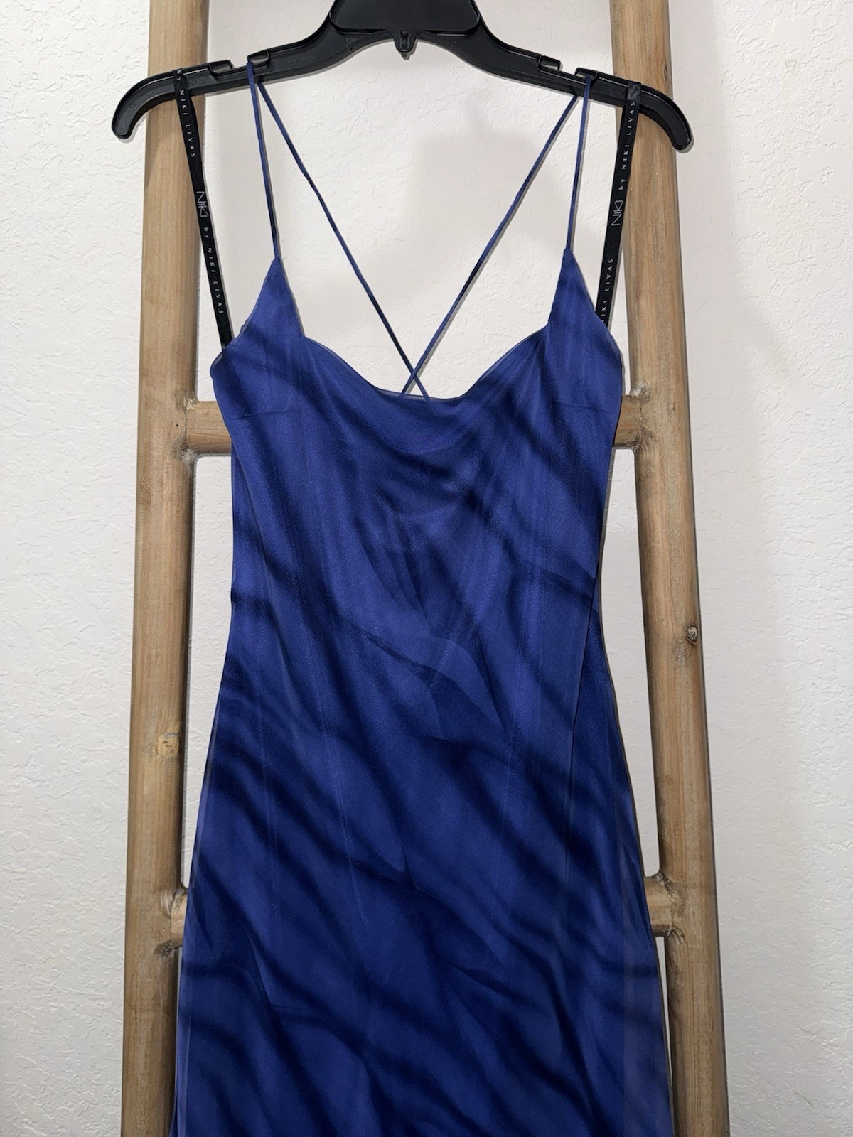 Vintage Y2K Niki Livas Tiger Mesh Maxi Dress Blue Slit Lace Up Back Size 10