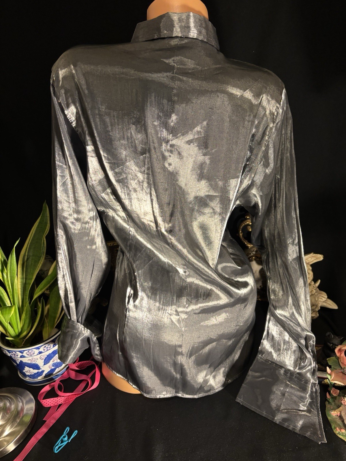 Vtg Satin Secretary Office Button Up Notch Silver Office Blouse L XL 44″
