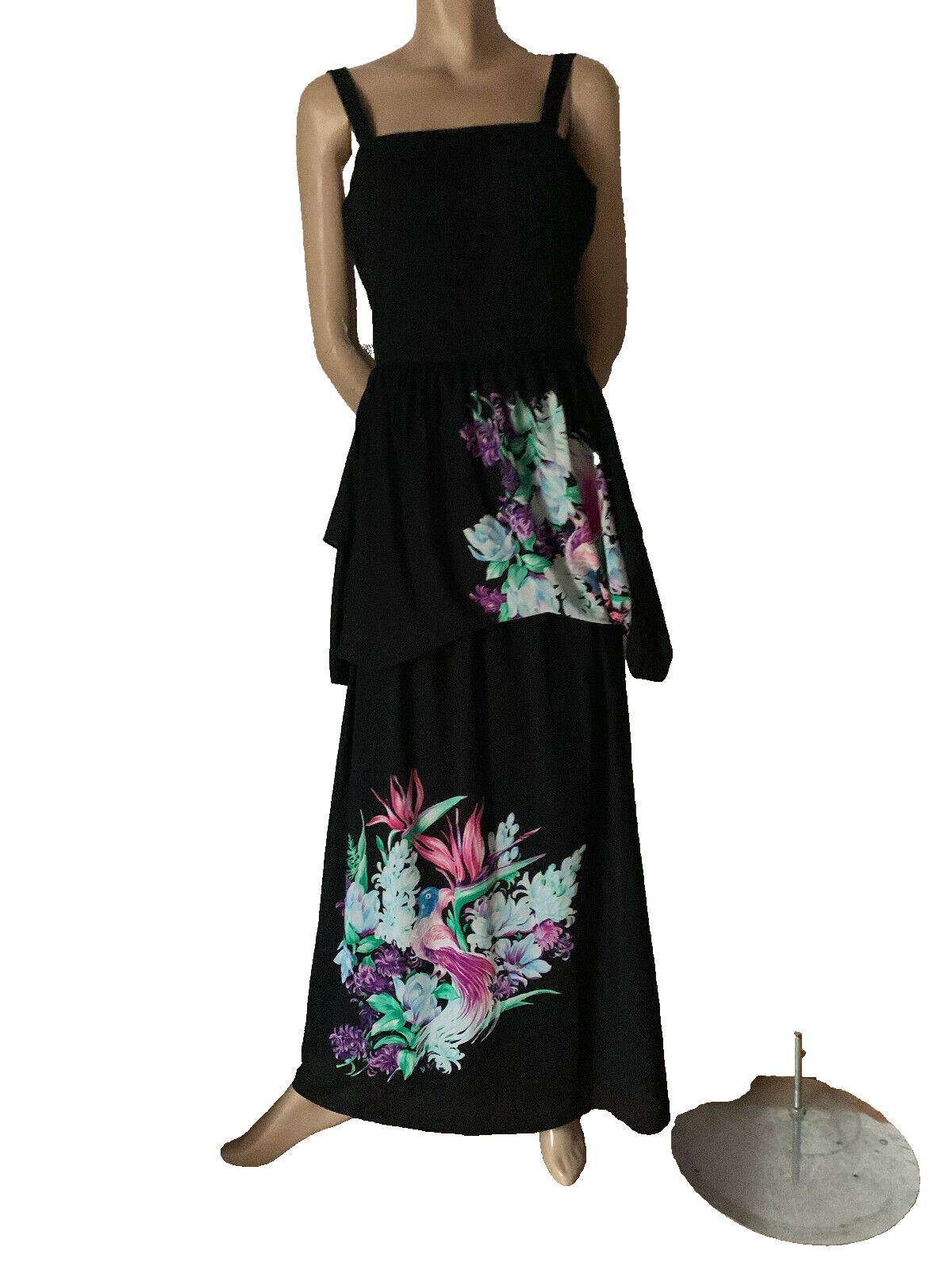 70s Vintage Black Maxi Dress Floral Bird Print Layered Jersey Boho 36 38