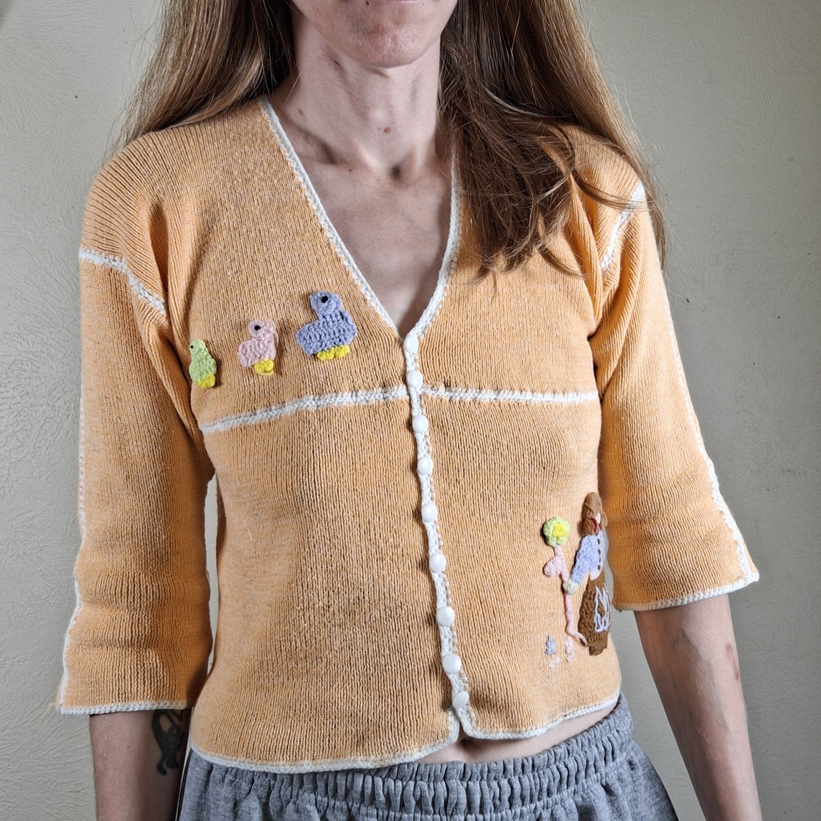 Vintage Whimsical Mini Cardigan Spring Easter Chicken Pastel Cottagecore Sweater