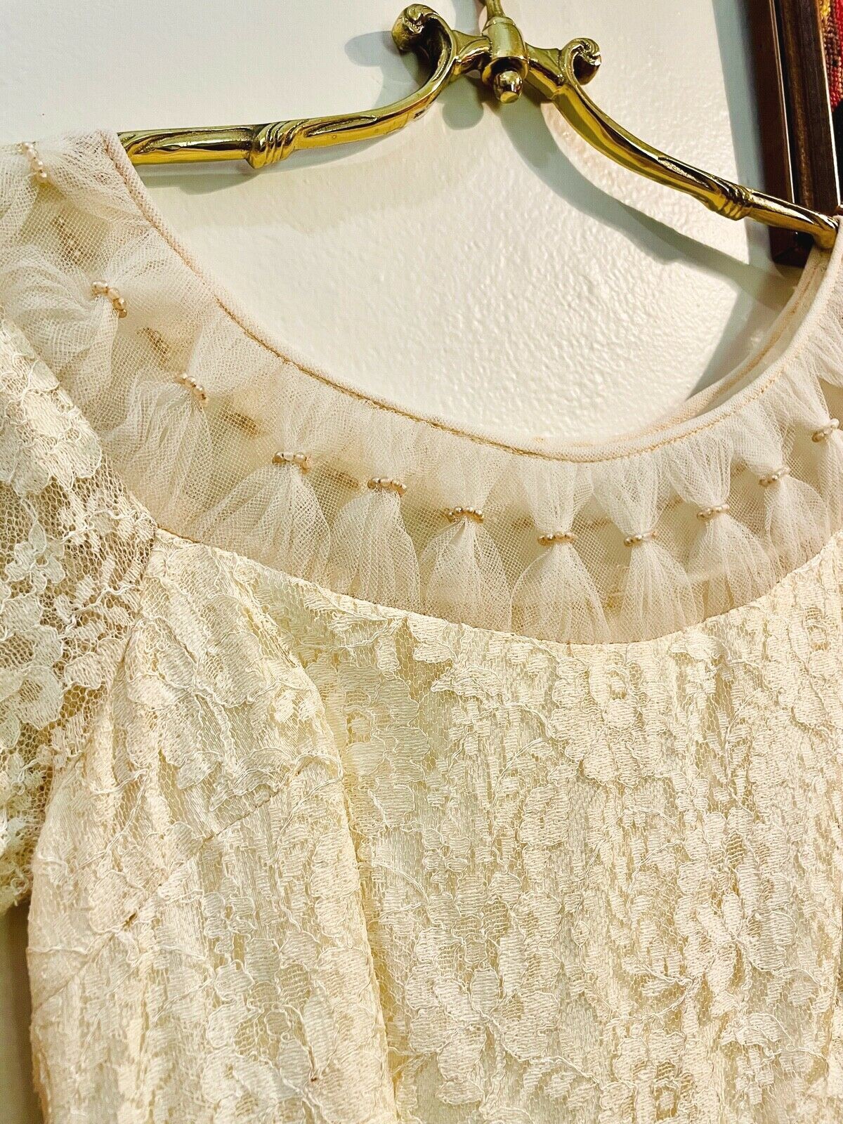 VTG 50’S OFF WHITE LACE&TULLE PEARLS NEW LOOK CIRCLE SKIRT WEDDING DRESS *XXS/XS