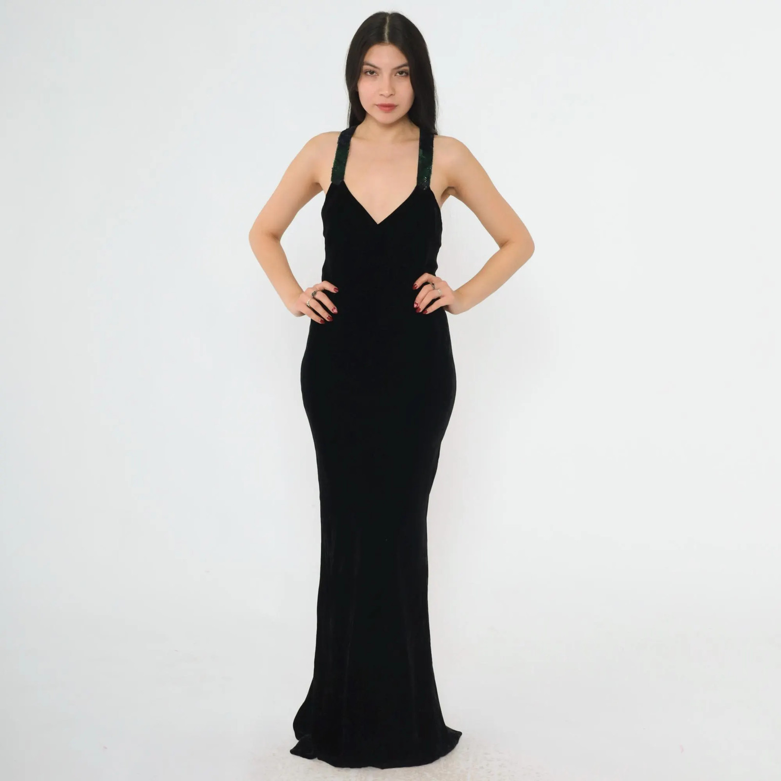 Vintage Ralph Lauren Collection Gown 90s Black Velvet Evening Dress Sequin Strap