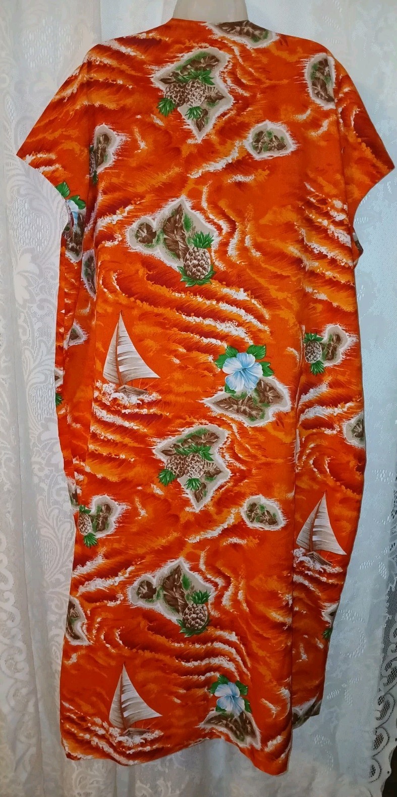 Vintage 70s Hawaiian Islands Pineapple Orange Muumuu Caftan Dress Tiki Oasis S/M