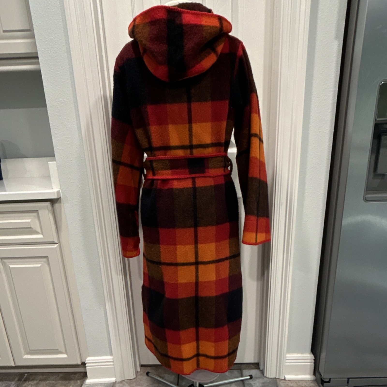 Avenue International Ltd Plaid Wool Hooded Belted Coat Red Orange Brown Size S