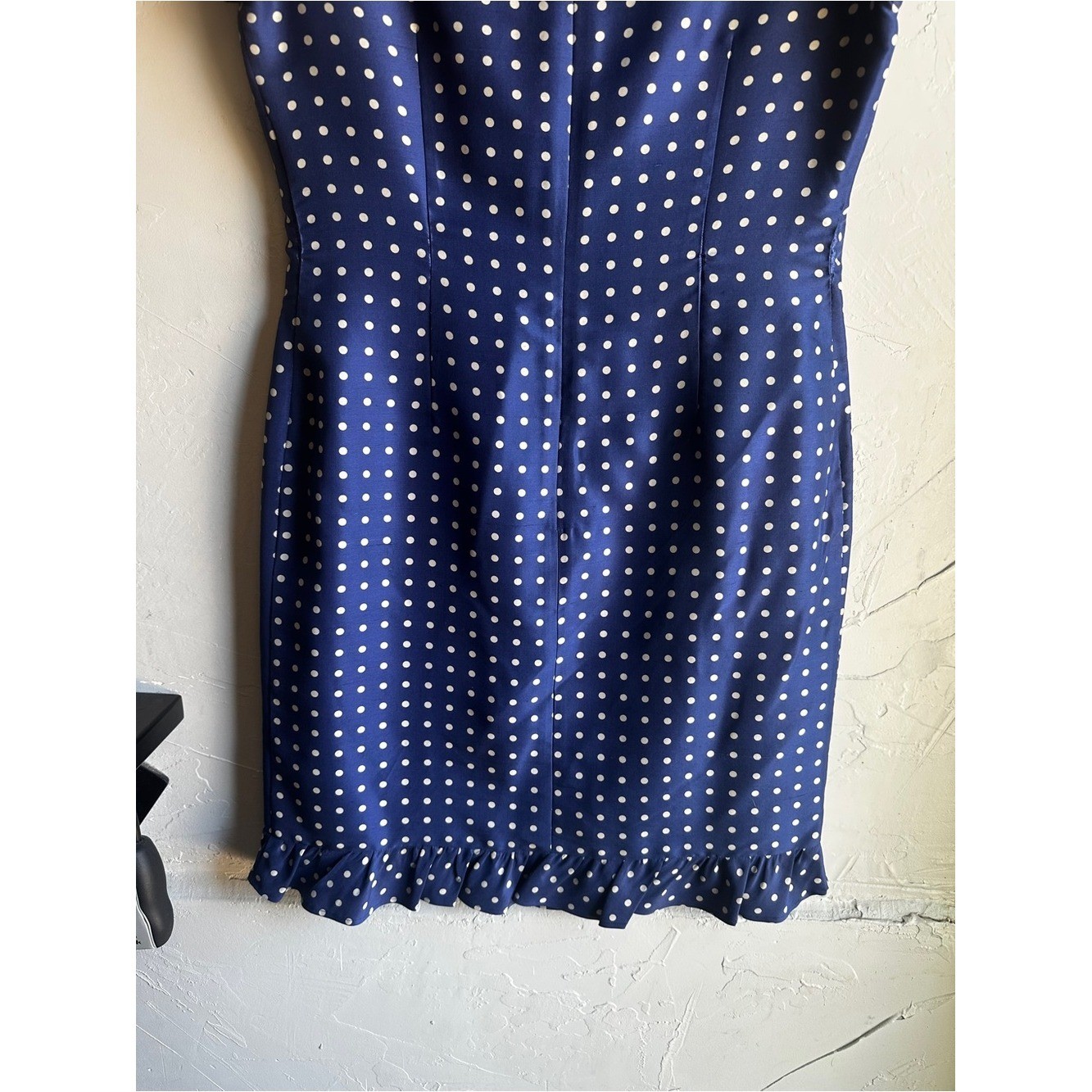 Pure & Simple 100% Silk Blue Polka Dot Dress Retro Parisian Chic Ruffle Hem Sz 8