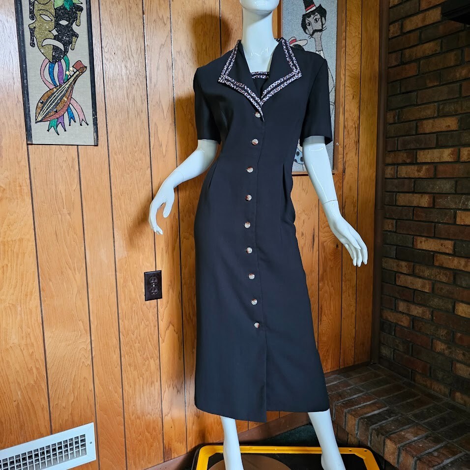 Vintage 90s Sassy Mob Wife Leopard Trim Midi Power Moves Suit Tuxedo Dress M/L