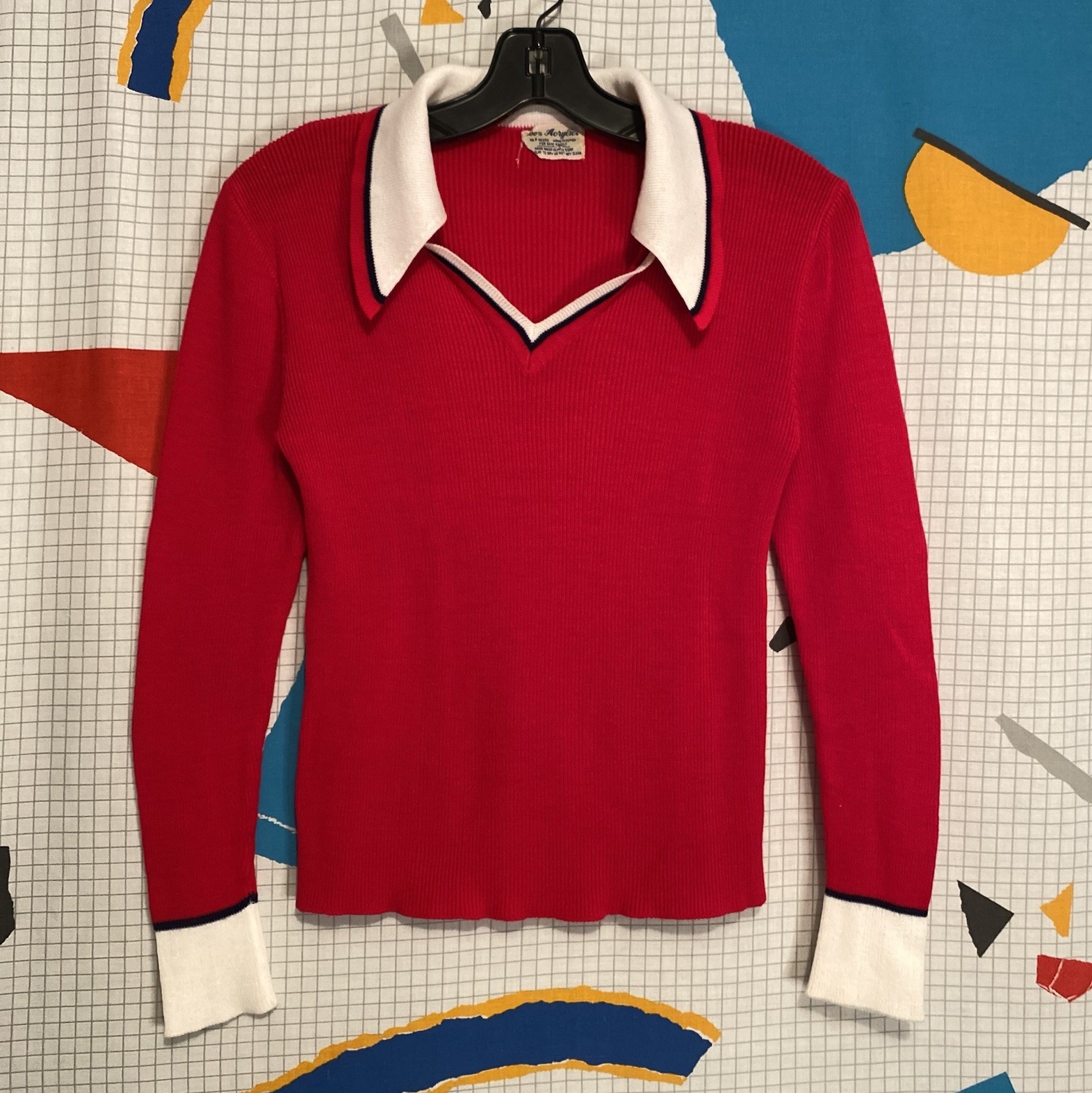 Vintage 70s Ribbed Sweater Dagger Collar Small Preppy Business Mod Hippie Pin Up