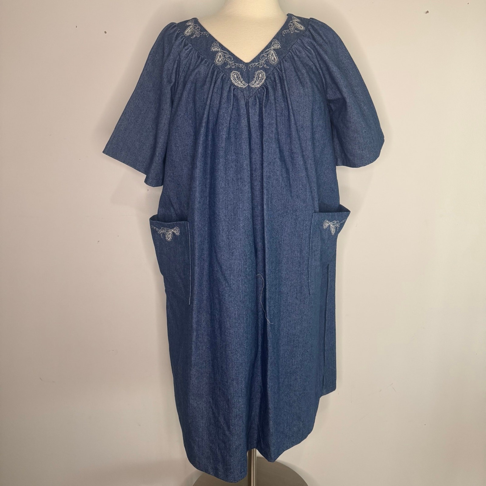 VTG Handmade Cotton Denim Caftan Smock Mumu House Dress Size Small