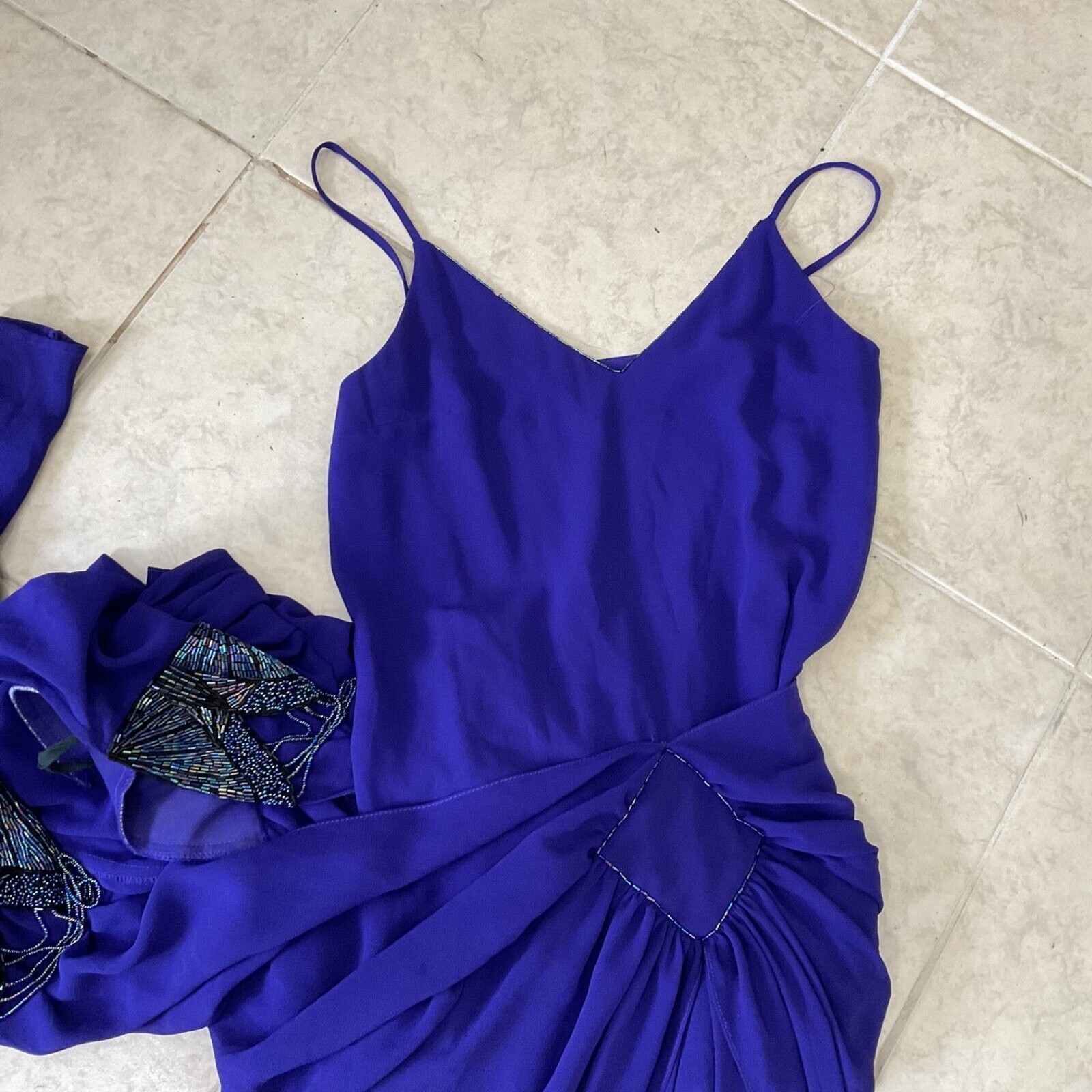 Casadei 1980s Double Layered Formal Dress M/L Purple beaded shoulders Art Deco