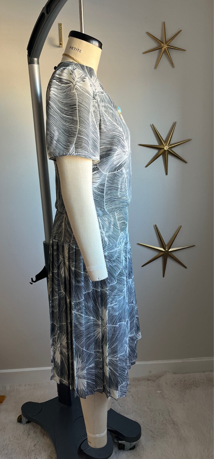 1980s Black and Ivory Drop Waist Pleated Skirt Dress John Roberts