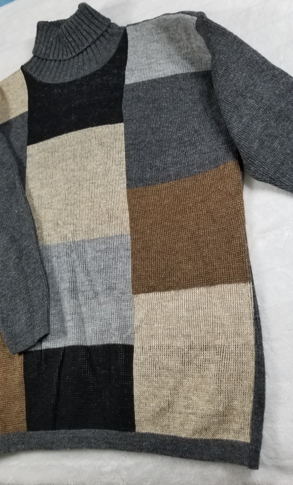 Vintage 80s Cos Cob Turtle Neck Sweater LARGE Colorblock Ribbed Knit Brown Multi