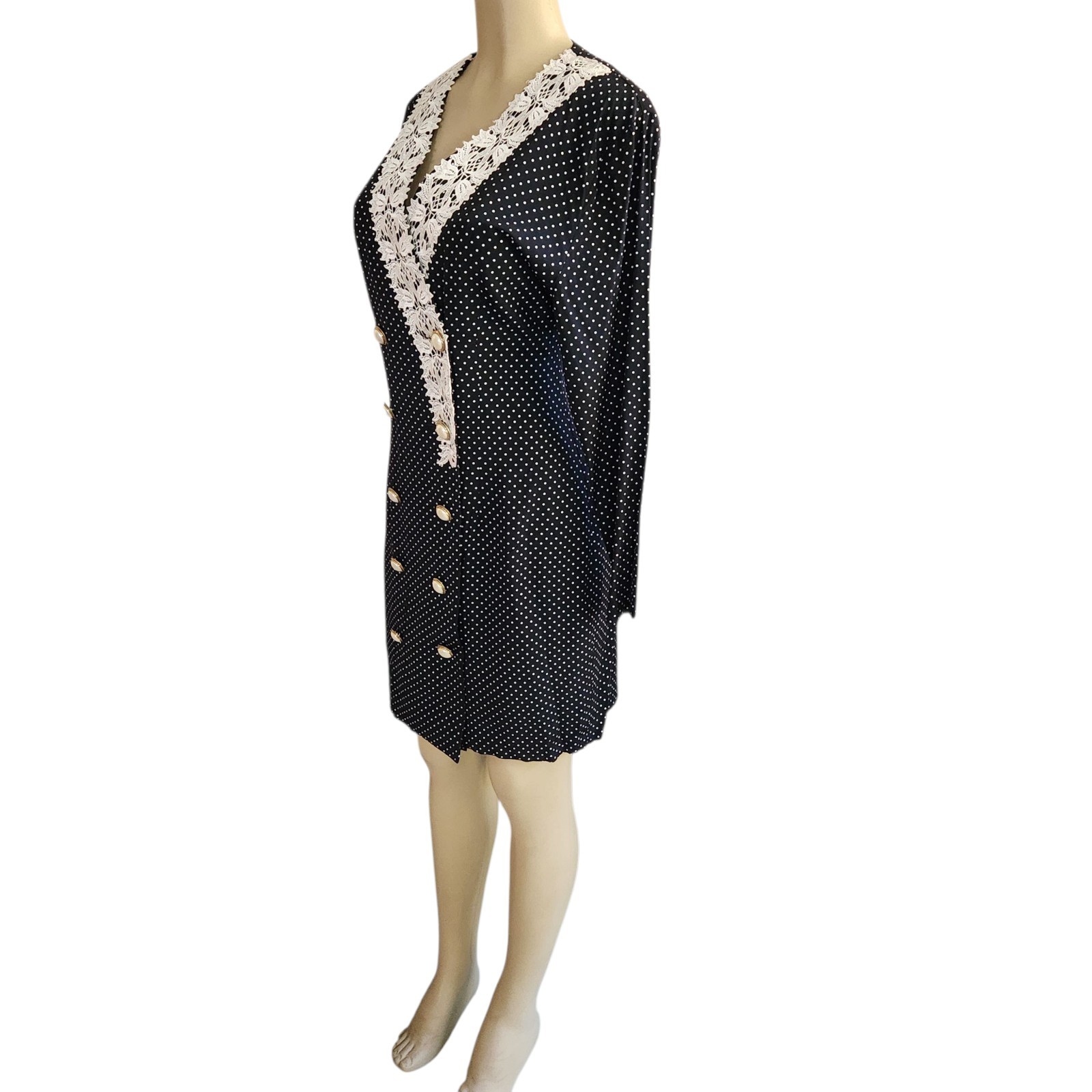 Vintage 70s Black Polka Dot Blazer Dress Sz 13 Double Breasted Office Retro