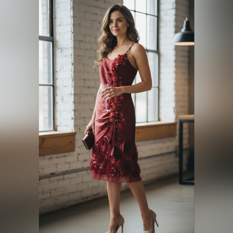 Red Satin Formal Dress 3D Roses Gown XS Burgundy Red Wedding Prom Evening Party