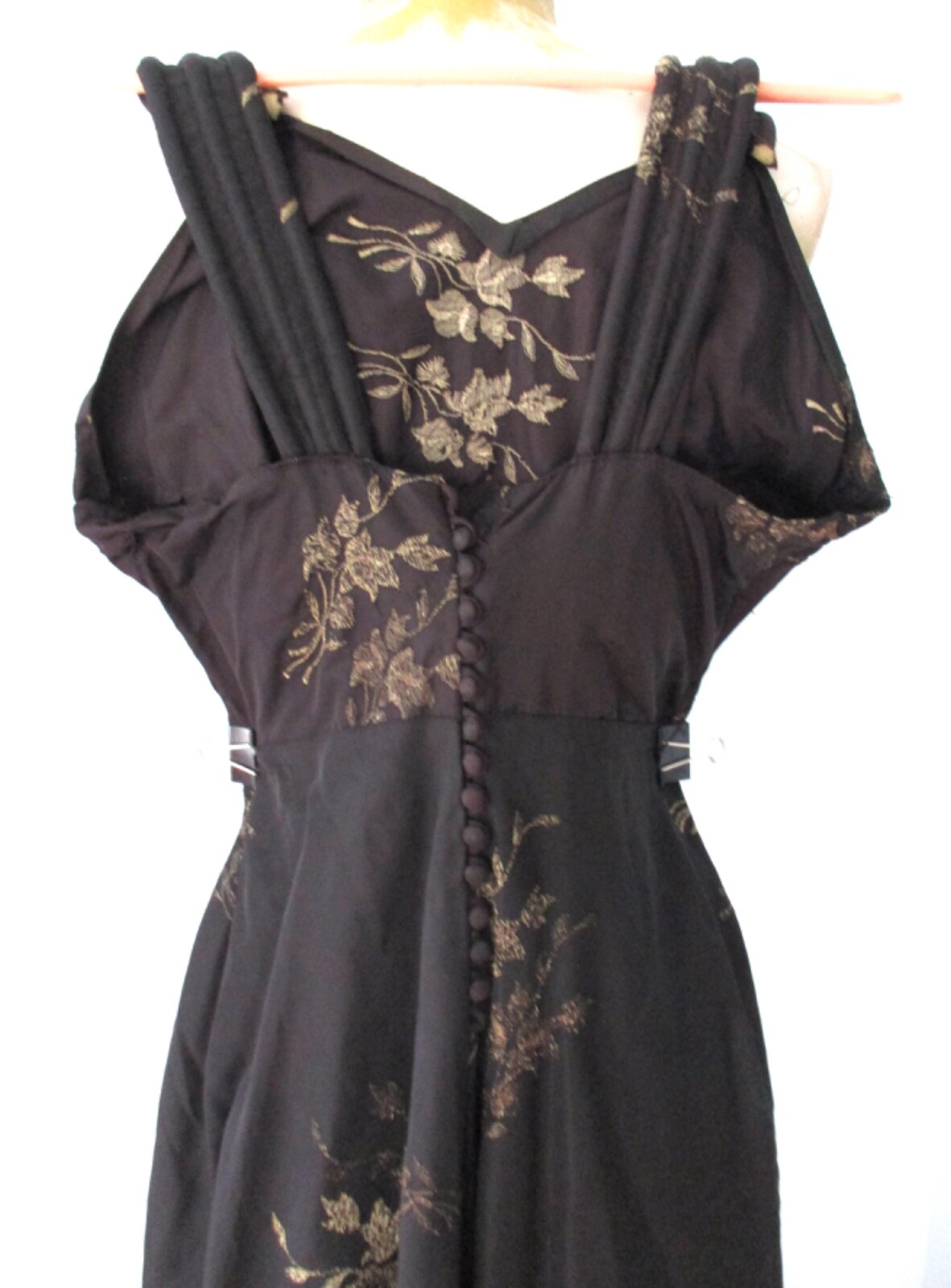 Vtg Edwardian 1910s black evening gown dress embroidered flowers puddle hem XS