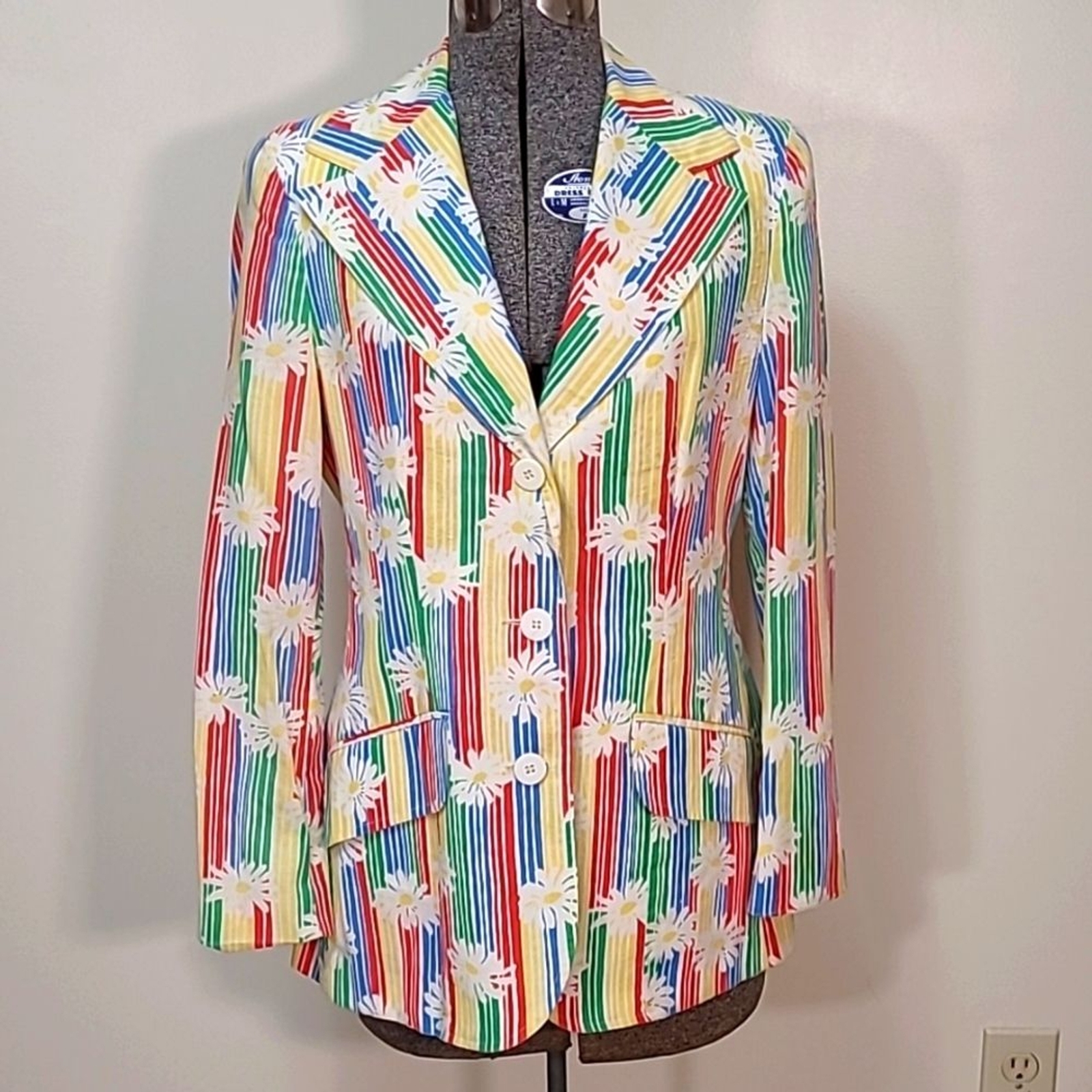 1970s Ah! Austin Hill Blazer Jacket Rainbow Stripes & Daisies Print 10 Pride Mod