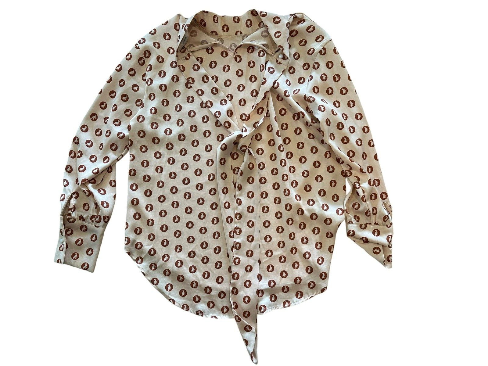 Vintage 80’s Summer Blouse Shirt Top Medium Cream Maroon Polka Dot Animal Print