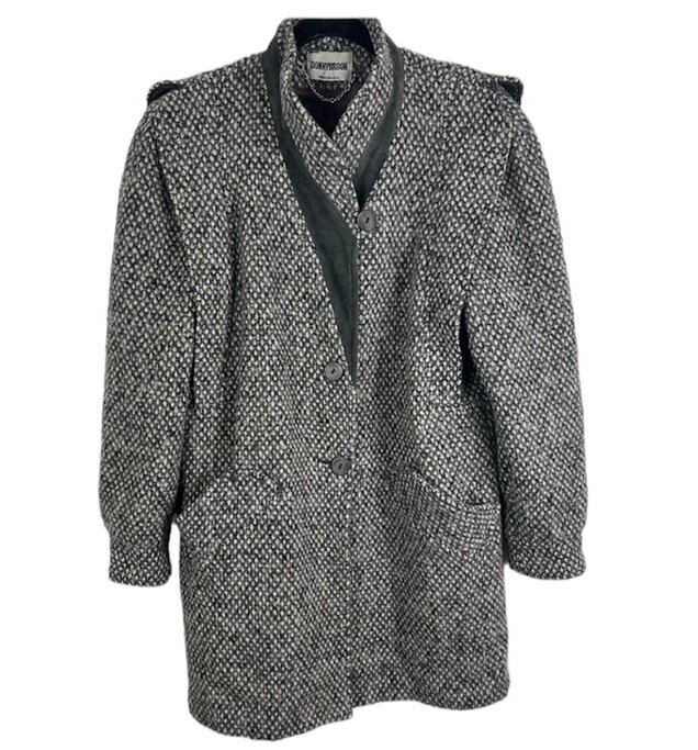 Vintage 80s Donnybrook Wool Blend Suede Trim Mid Length Diamond Tweed ILGWU USA