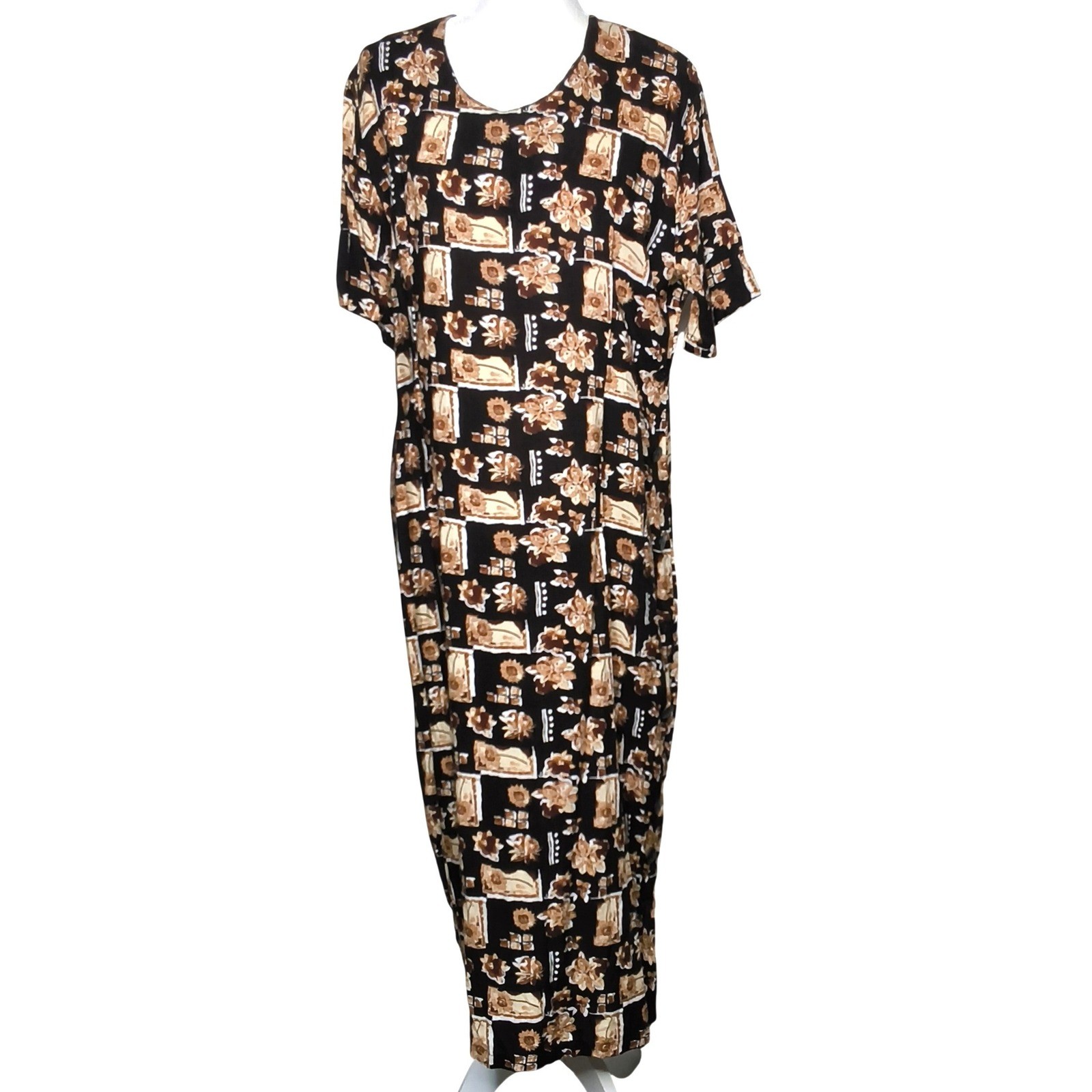 Vintage Jamie Brooke Maxi Dress Womens 18 Black Floral Rayon Short Sleeve NOS
